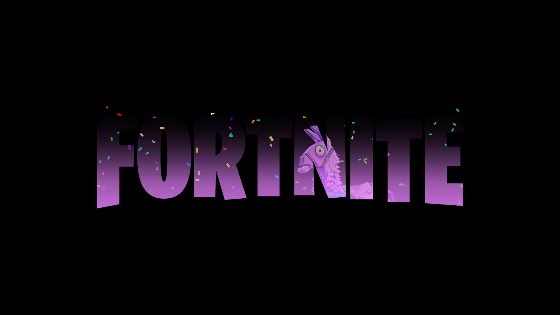 桌布 壁紙 — 紫色漸層的Fortnite標誌，有紙屑和從字母T探出頭來的羊駝頭，背景為黑色。