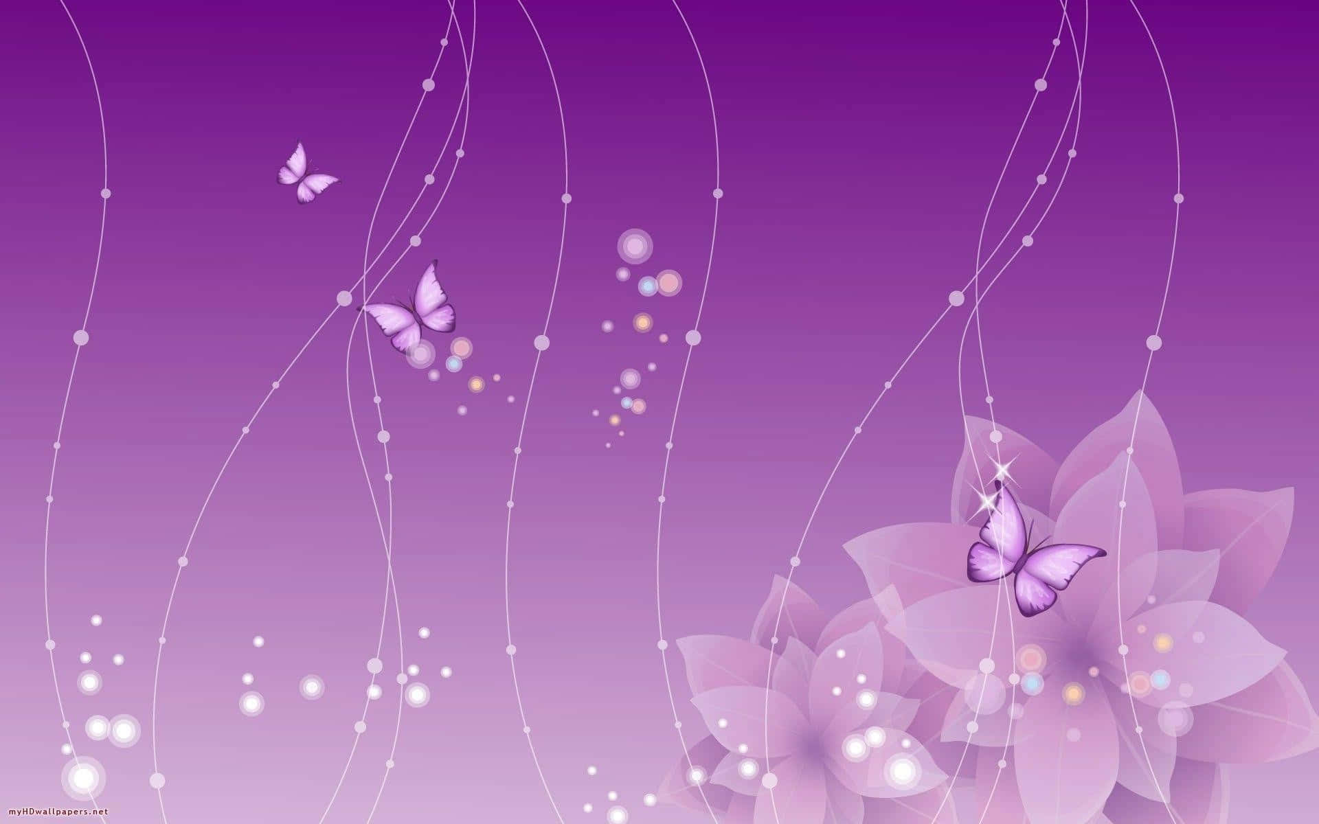 3d Girly 桌布 壁紙 — 紫色漸層背景，帶有漂浮的蝴蝶和由虛線連接的發光花卉元素。