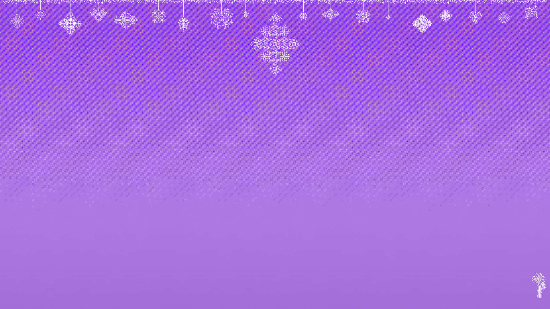 Cute Pixel Desktop 桌布 壁紙 — 紫色漸變背景，點綴著從頂部邊緣垂下的精緻白色雪花和裝飾圖案。