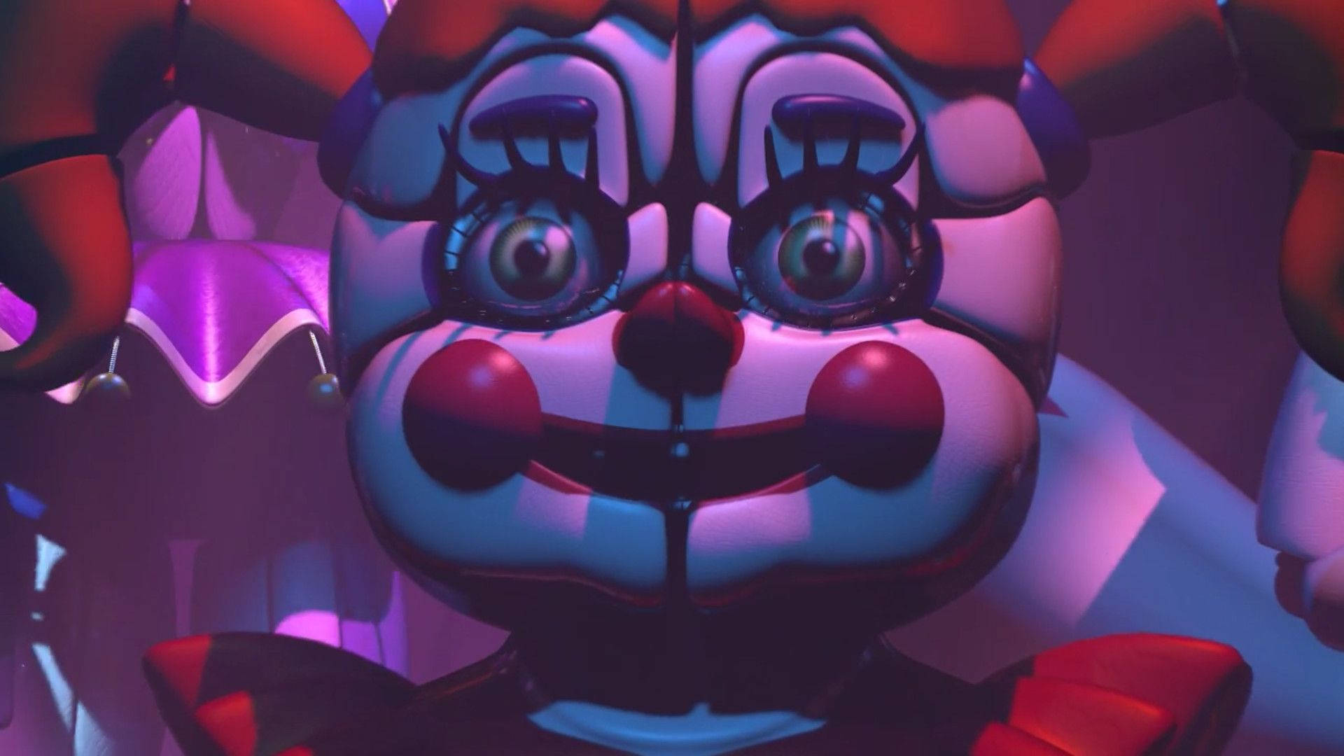 Circus 桌布 壁紙 — 紫色燈光下，一隻帶有發光眼睛和紅色臉頰的威脅性電子動畫兔子的特寫。