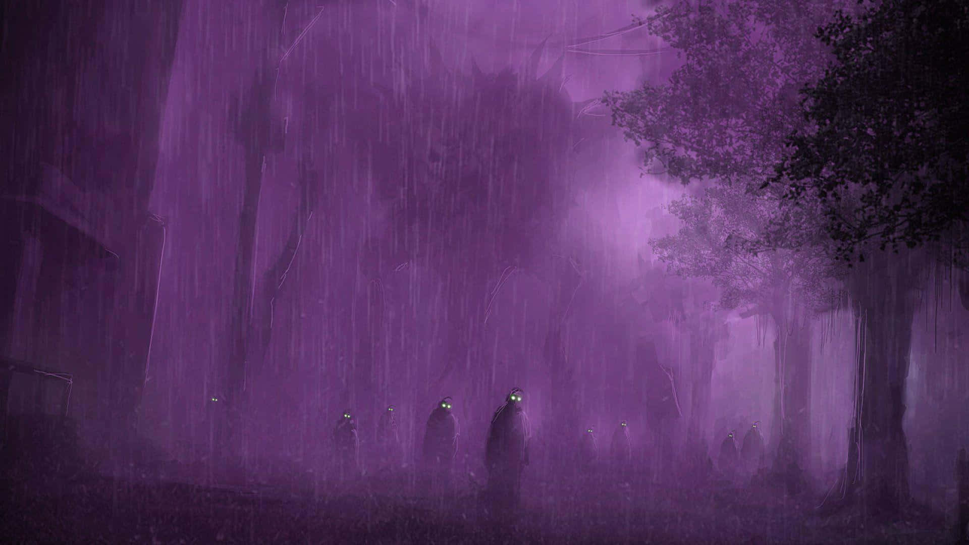殭屍動圖 桌布 壁紙 — 紫色的雨在霧氣瀰漫的城市小巷中猛烈落下，發光的眼睛的人物在陰暗的樹木和破舊的建築物之間無聲移動。
