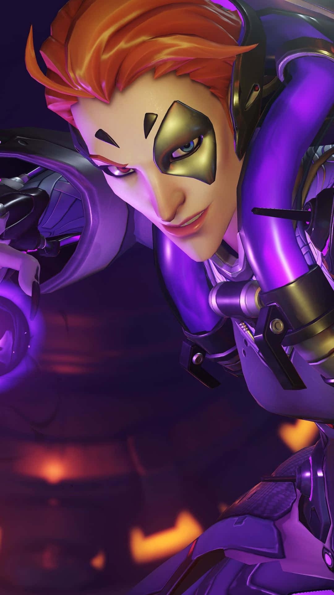 Overwatch 桌布 壁紙 — 紫色盔甲、火紅頭髮的動漫角色特寫，眼睛發光，露出自信的笑容。