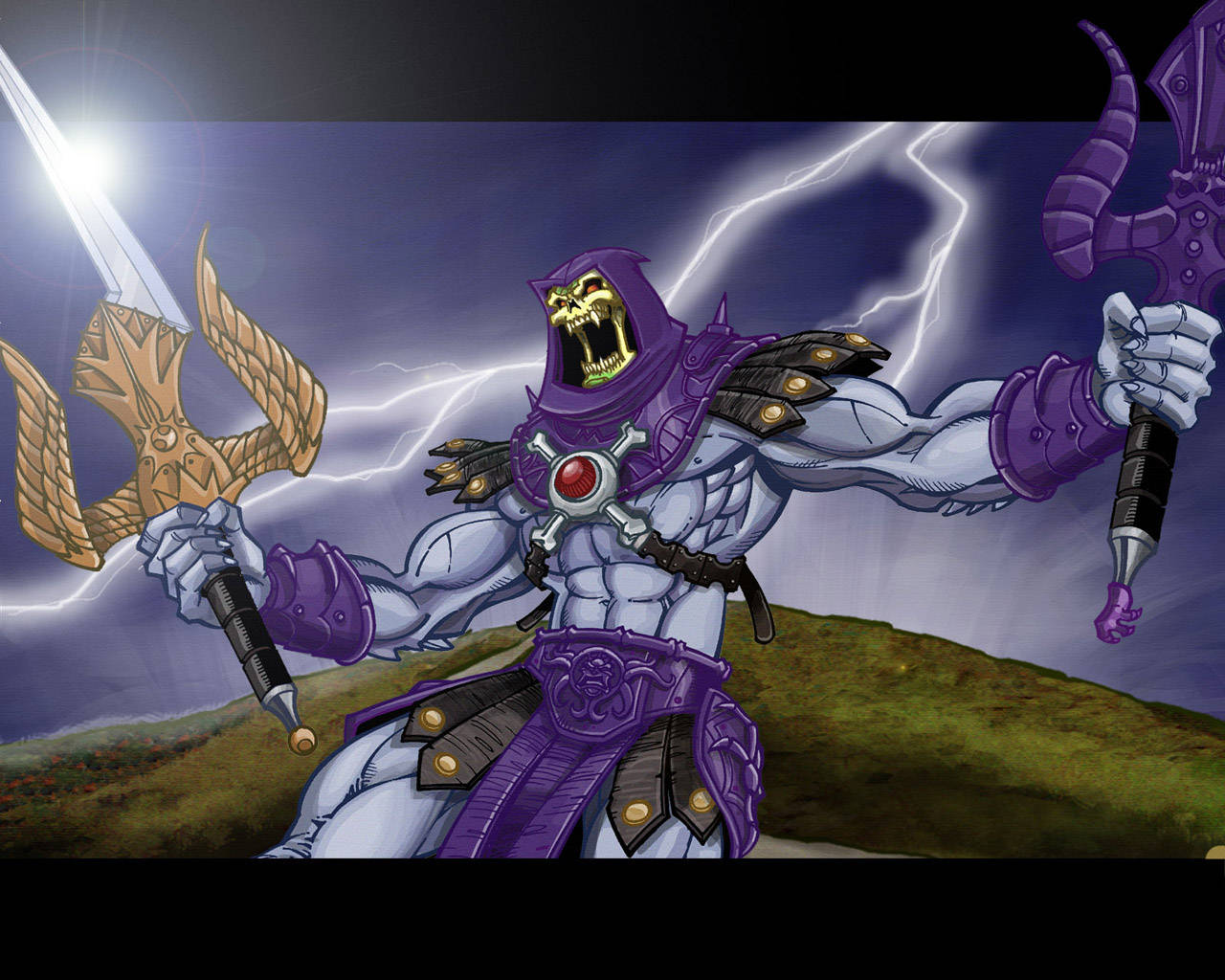 skeletor 桌布 壁紙 — 紫色盔甲的反派Skeletor，在雷電交加的暴風雨天空下，挑釁地咆哮著揮舞武器。
