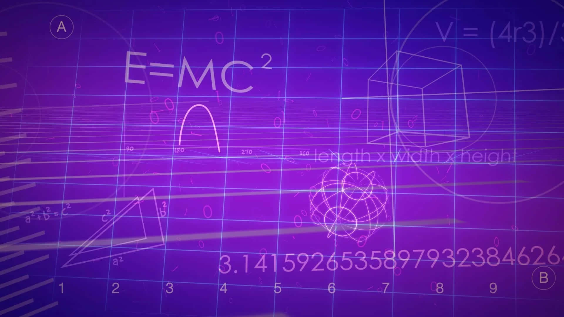 mathematics 桌布 壁紙 — 紫色網格背景，發光的數學公式和幾何形狀漂浮在數位空間中。