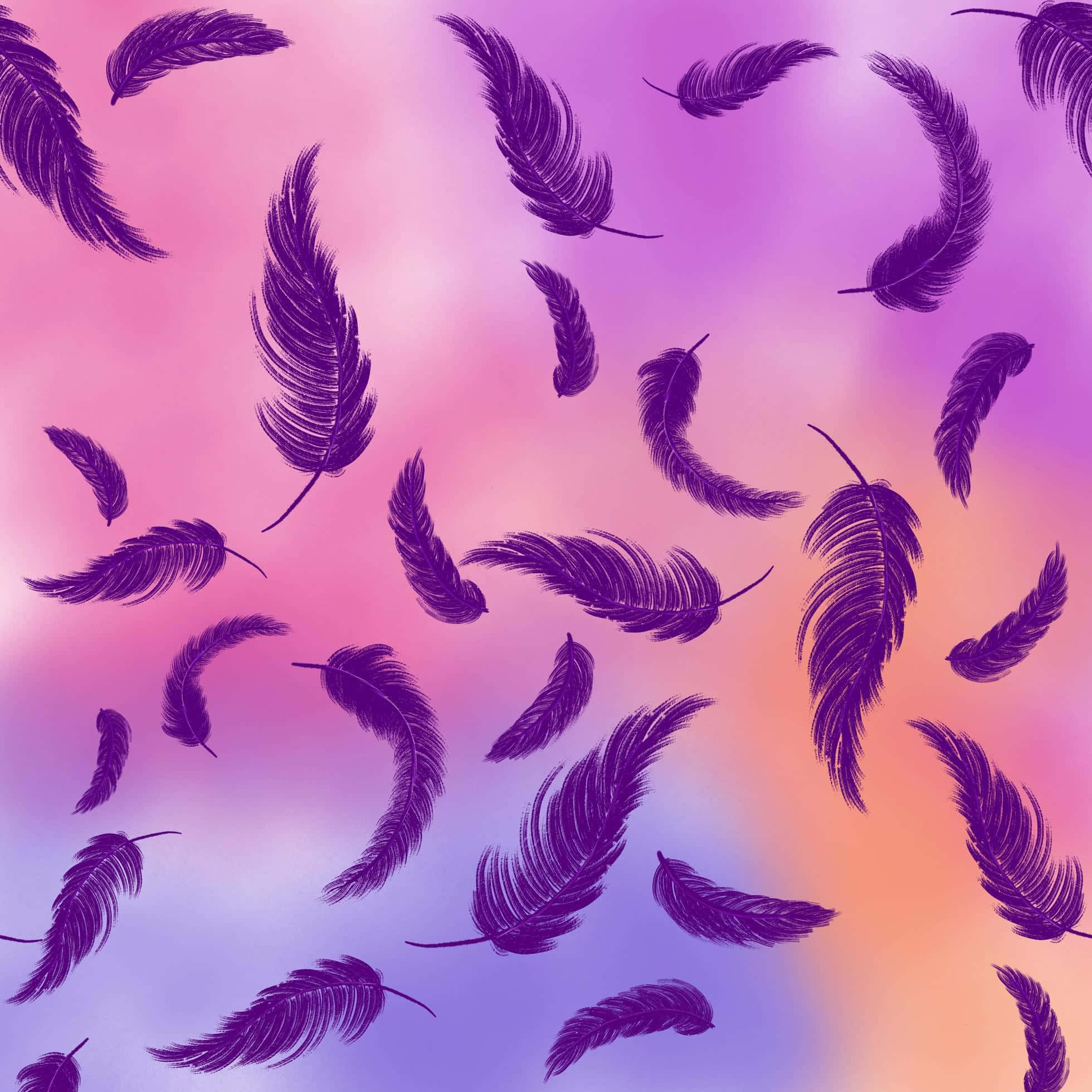 Purple Feathers 桌布 壁紙 — 紫色羽毛在粉紅、薰衣草和蜜桃色的柔和漸變天空中優雅飄浮。