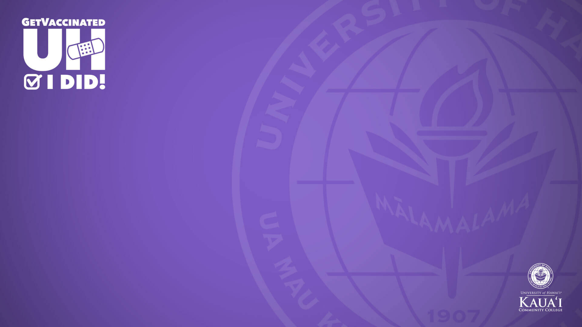  壁紙 — 紫色背景，上有夏威夷大學印章和白色「Get Vaccinated UH I DID!」標誌。