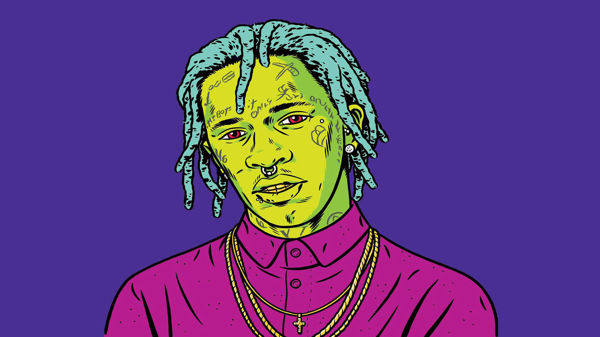 Thug 桌布 壁紙 — 紫色背景上，一個綠色皮膚、藍色辮子、有刺青的男人的生動數位插圖。
