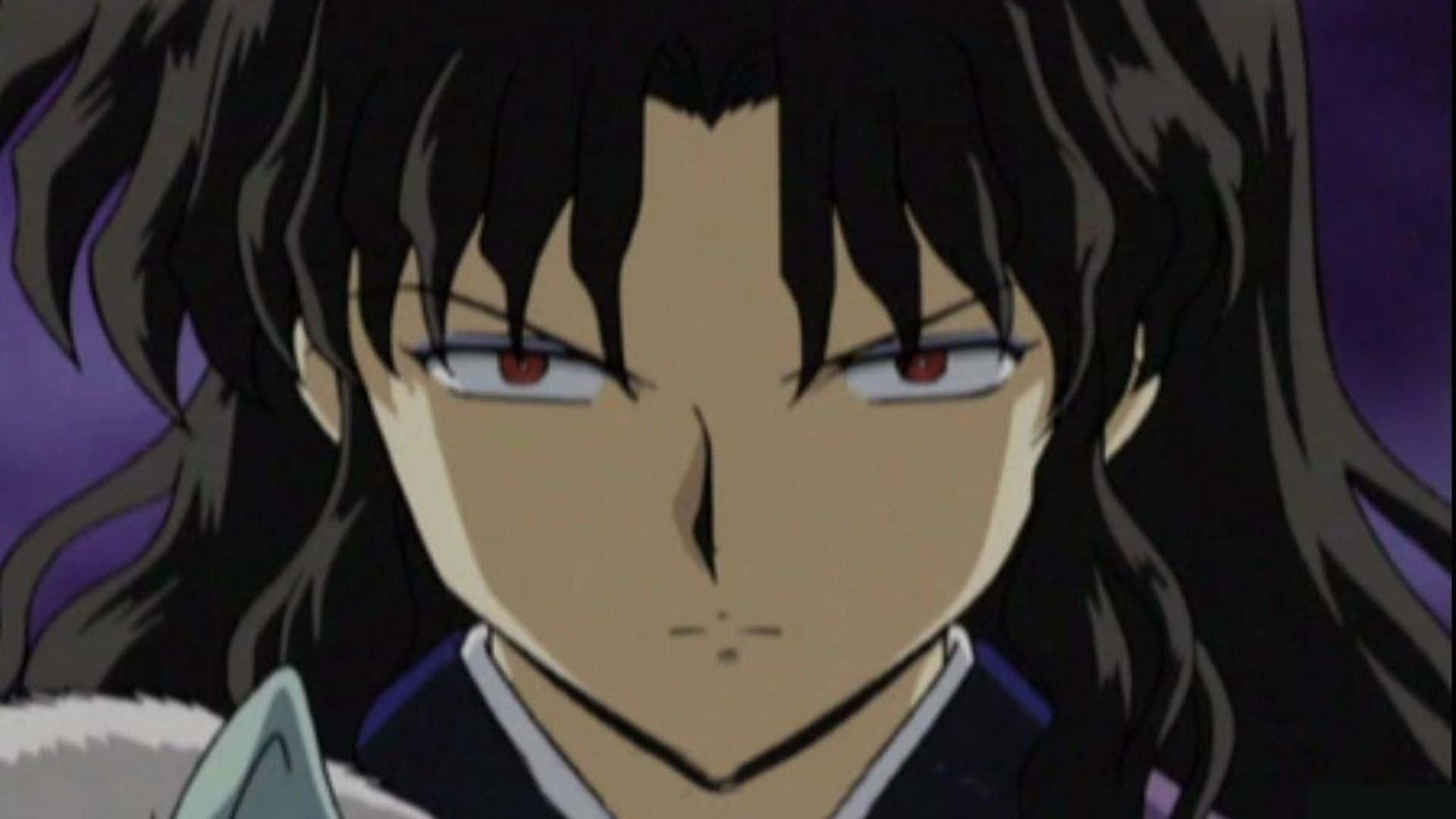 Naraku 桌布 壁紙 — 紫色背景上，長黑髮及強烈紅眼動漫角色的特寫。