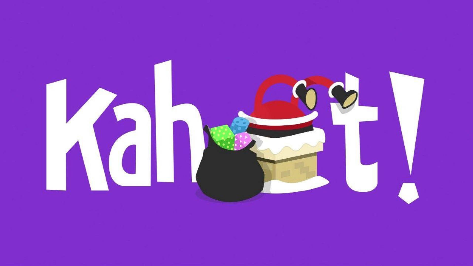 Kahoot 桌布 壁紙 — 紫色背景上帶有卡通蛋糕和禮物袋的粗體白色「Kahoot!」文字。