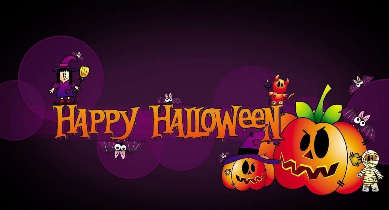 Happy Halloween 桌布 壁紙 — 紫色背景上橙色字體的「Happy Halloween」文字，周圍環繞著卡通南瓜、女巫和蝙蝠。