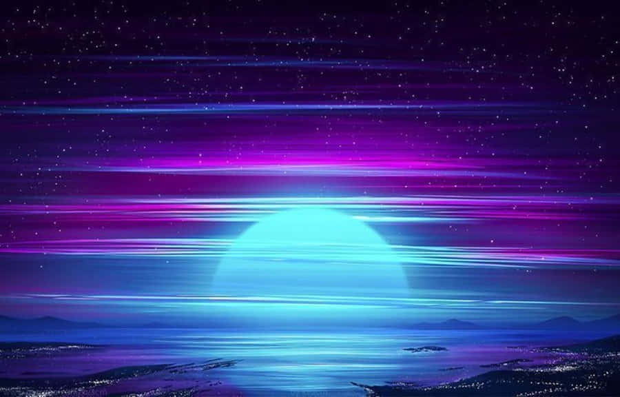 紫色與藍色的月亮，天空中點綴著星星 壁紙