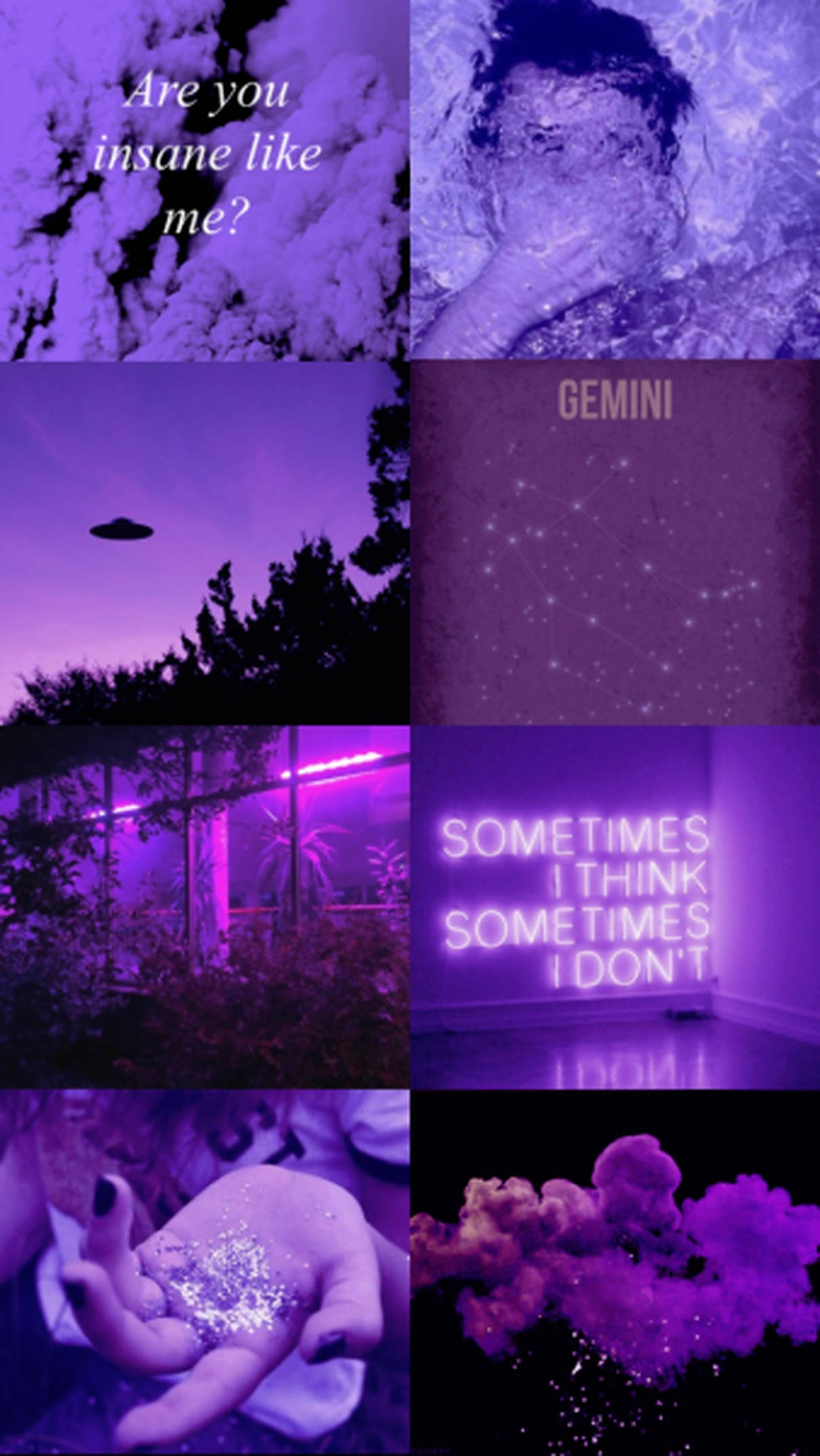 gemini 桌布 壁紙 — 紫色色調的超現實場景拼貼畫，包括UFO天空、霓虹文字、手中的閃粉以及帶有詩意短語的宇宙雲層。
