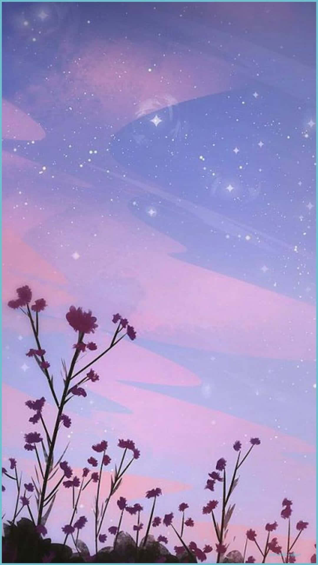 桌布 壁紙 — 紫色花朵的剪影仰望夢幻的暮色天空，天空中有粉紅色和藍色的星星。