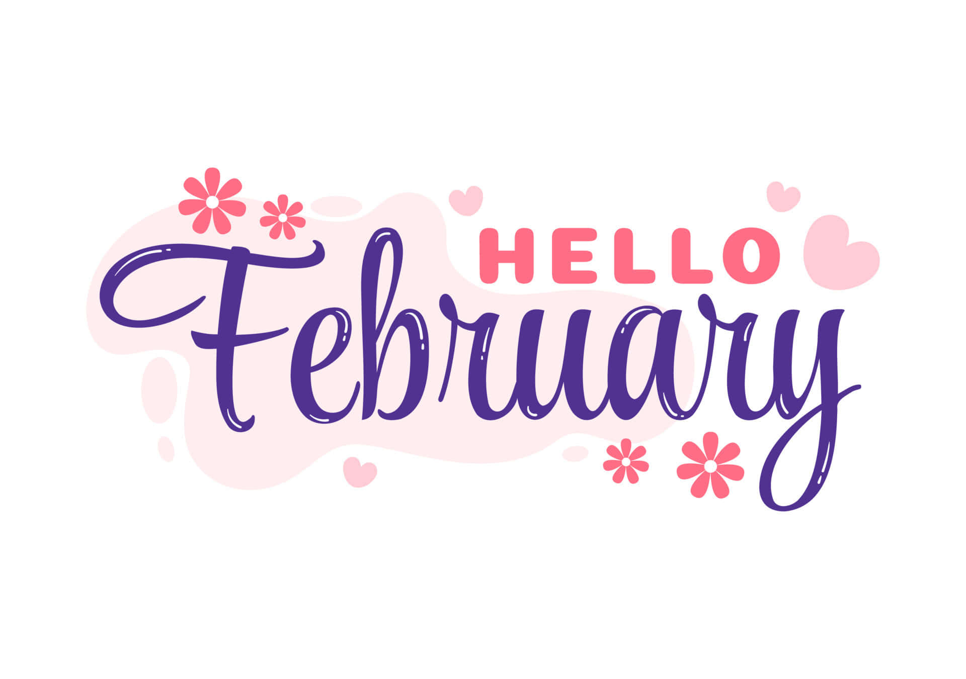 柔和粉紅色背景上帶有粉紅色花朵和心形的「Hello February」問候語。 — 二月 GIF 壁紙