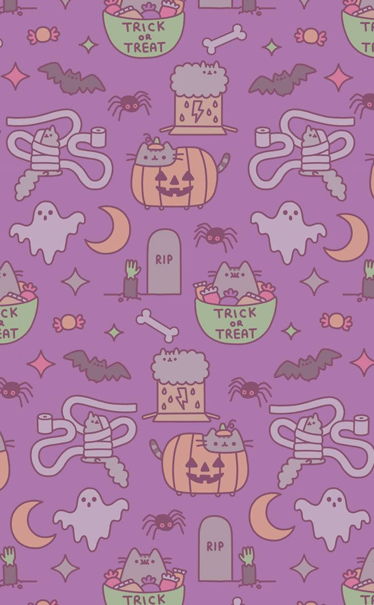 Kawaii Halloween 桌布 壁紙 — 紫色萬聖節桌布圖案，Pusheen 貓咪穿著恐怖服裝，伴隨著鬼魂、蝙蝠和糖果。