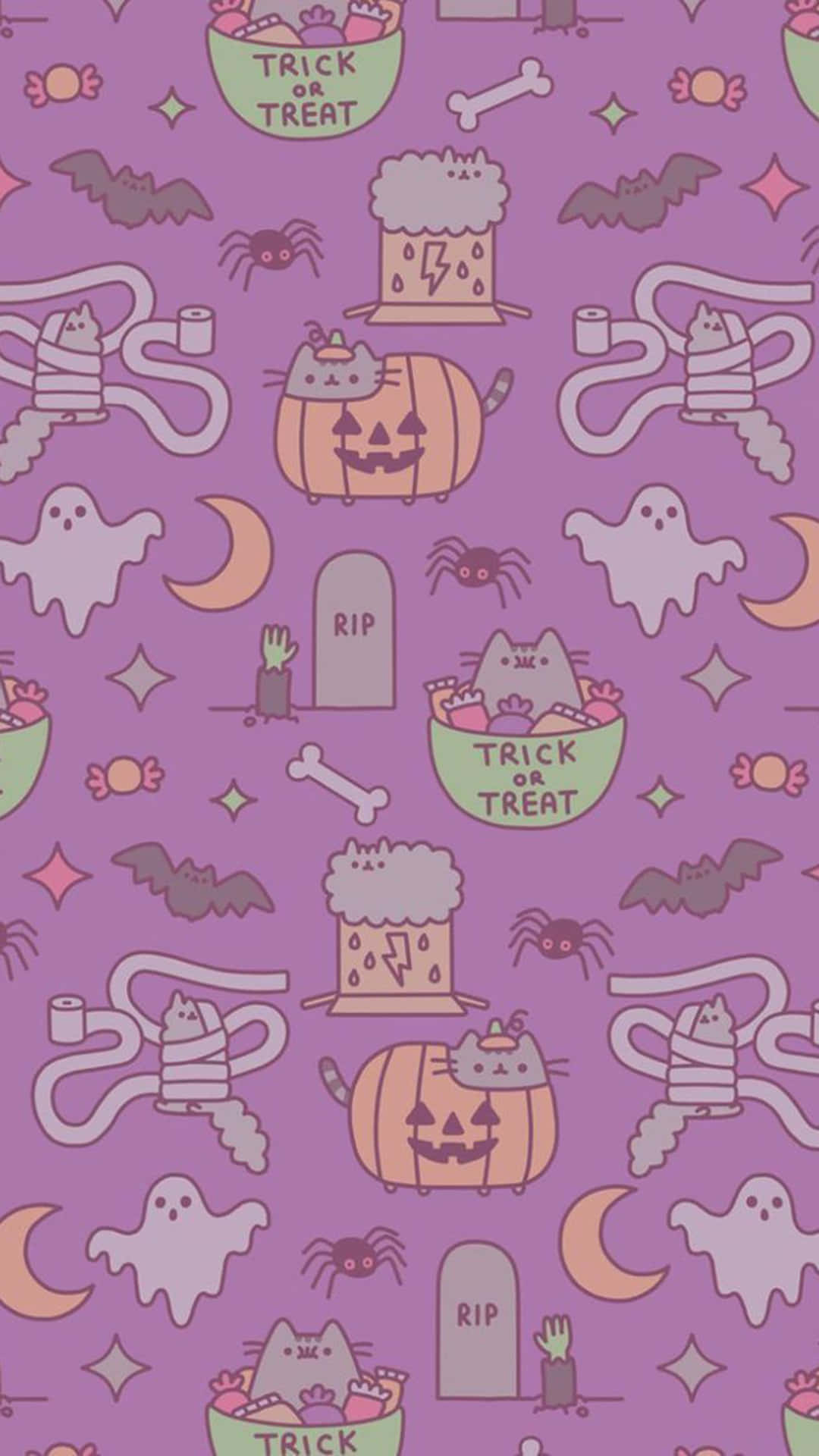 可愛萬聖節 桌布 壁紙 — 紫色萬聖節桌布圖案，包含 Pusheen 貓咪在南瓜、鬼魂、蝙蝠和糖果圖案中。