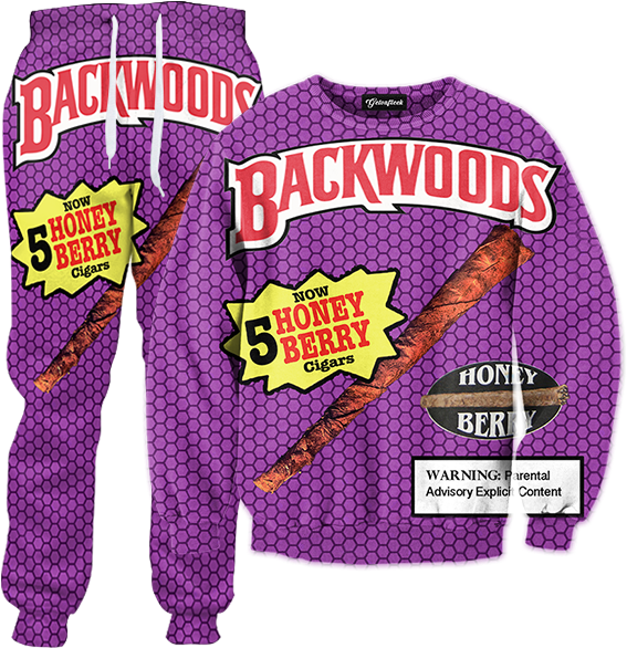 Backwoods 桌布 壁紙 — 紫色蜂窩圖案運動套裝，帶有醒目的Backwoods Honey Berry雪茄品牌標誌及露骨內容警告。