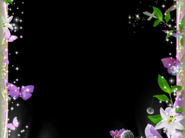 Border Design 桌布 壁紙 — 紫色蝴蝶和白色花朵配閃爍星星，在黑色背景上形成裝飾邊框。