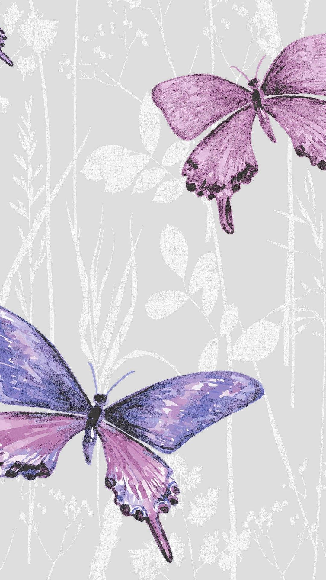 purple butterfly phone 桌布 壁紙 — 紫色蝴蝶帶有精緻翅膀，在點綴著白色植物剪影的淺灰色背景上優雅飛舞。