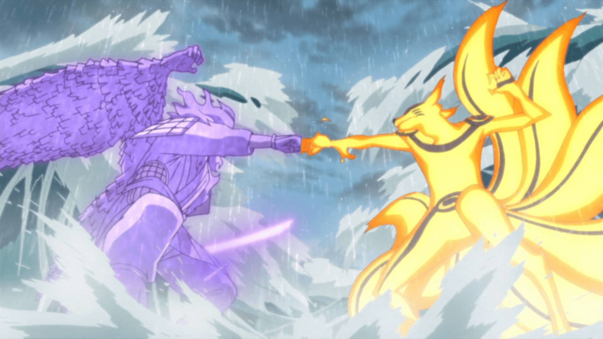 Naruto Nine Tails 桌布 壁紙 — 紫色裝甲戰士與金色九尾狐在暴風雪戰場上交鋒。