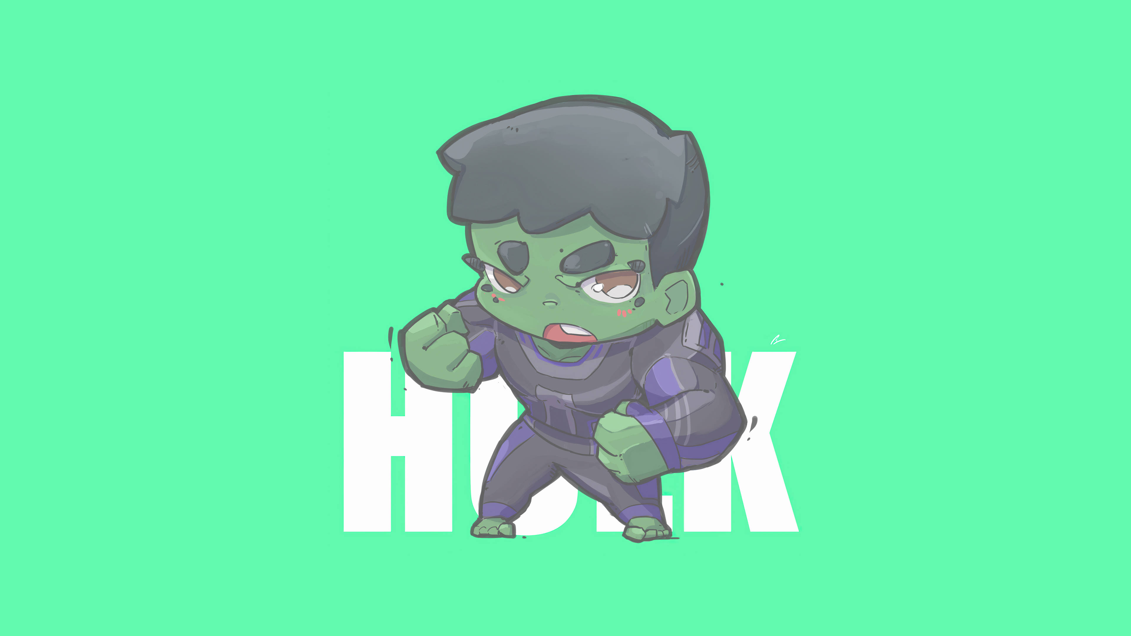 Q版動圖 桌布 壁紙 — 紫色西裝的Chibi Hulk在亮綠色背景上握緊拳頭，上面有粗體白色'HULK'文字。