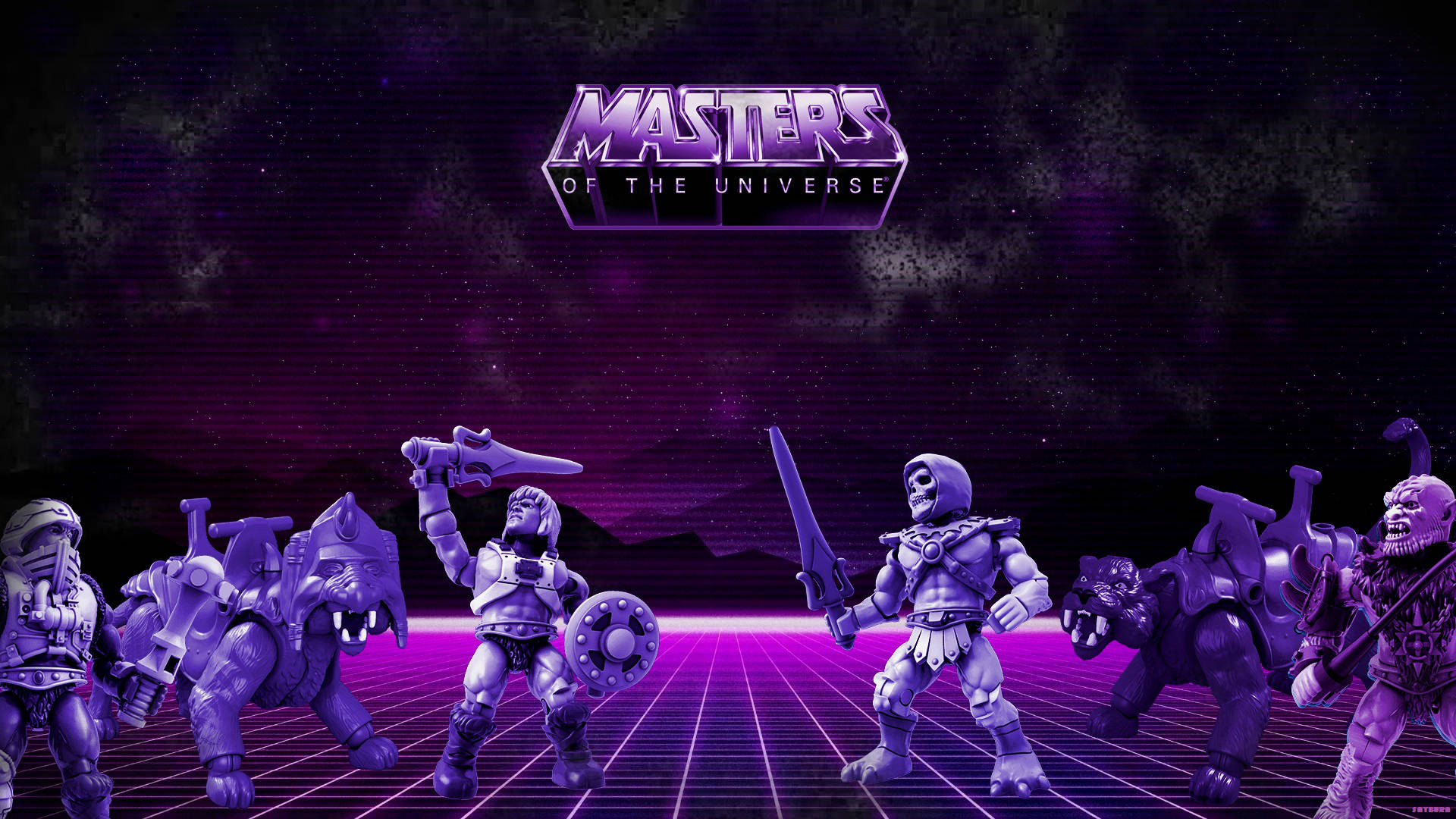 Purple And Black Aesthetic 桌布 壁紙 — 紫色調的Masters of the Universe角色站在復古未來風格的網格中，背景是星光燦爛的宇宙。