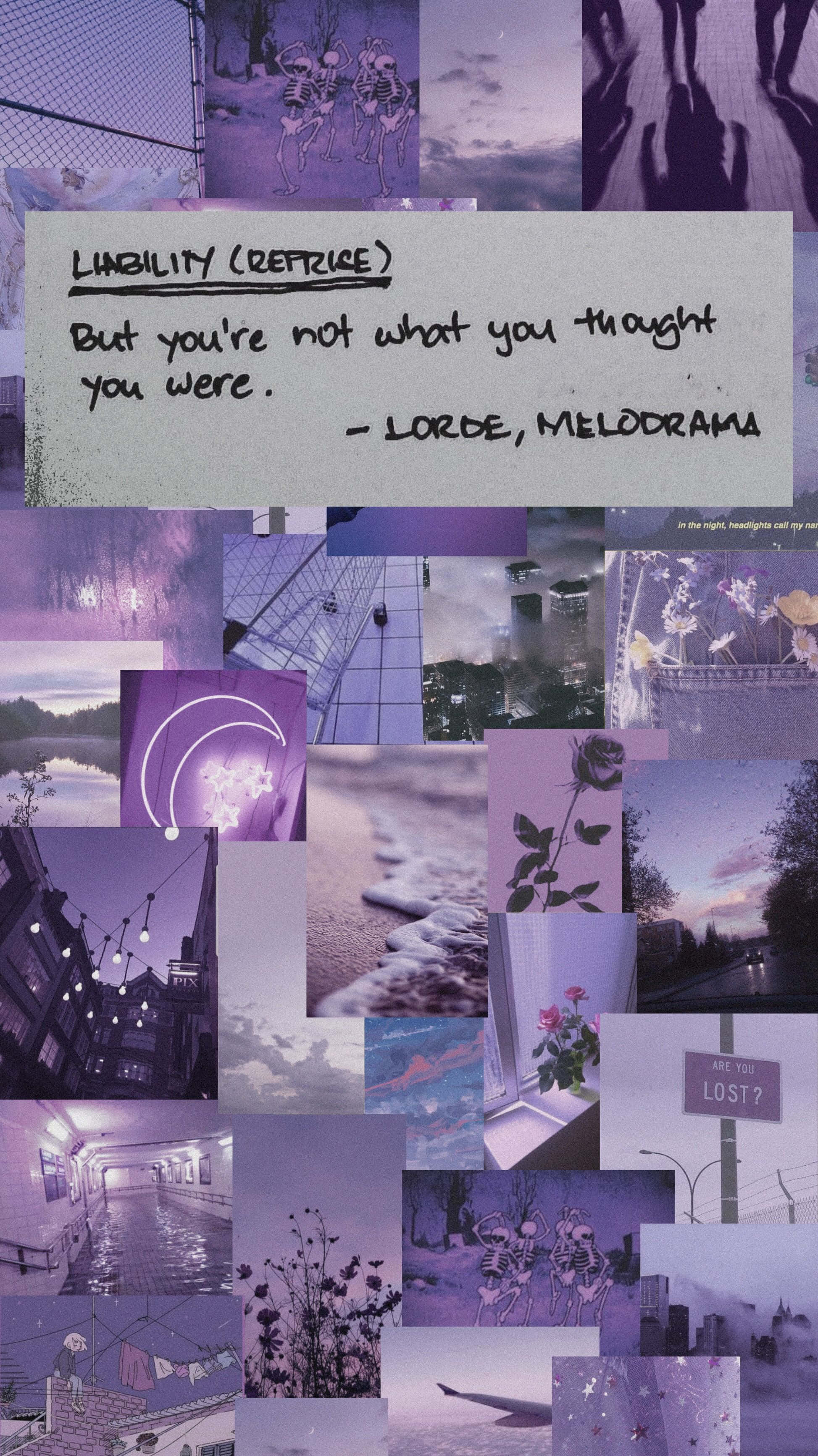 Purple Aesthetic Collage 桌布 壁紙 — 紫色調的城市與自然場景拼貼畫，附有 Lorde 的 Melodrama 手寫歌詞。