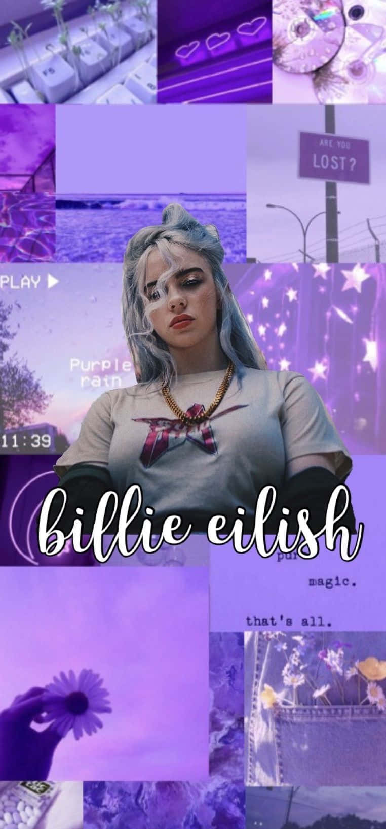 Billie Eilish Purple 桌布 壁紙 — 紫色調的拼貼桌布， featuring Billie Eilish，帶有文字疊加和夢幻美學元素。