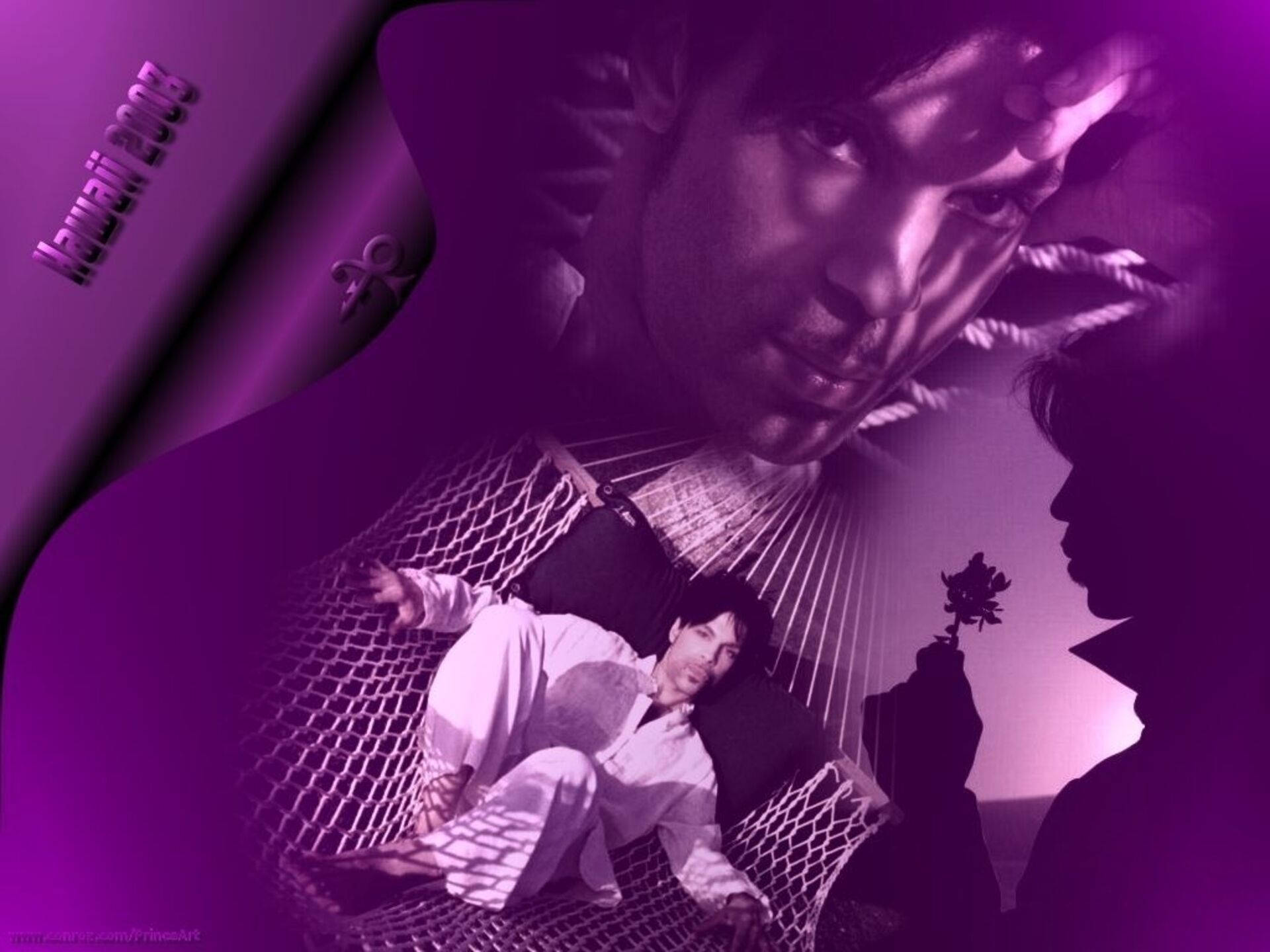 王子 桌布 壁紙 — 紫色調的拼貼畫， featuring Prince 在吊床上，以及一個特寫肖像，帶有手持玫瑰的剪影。