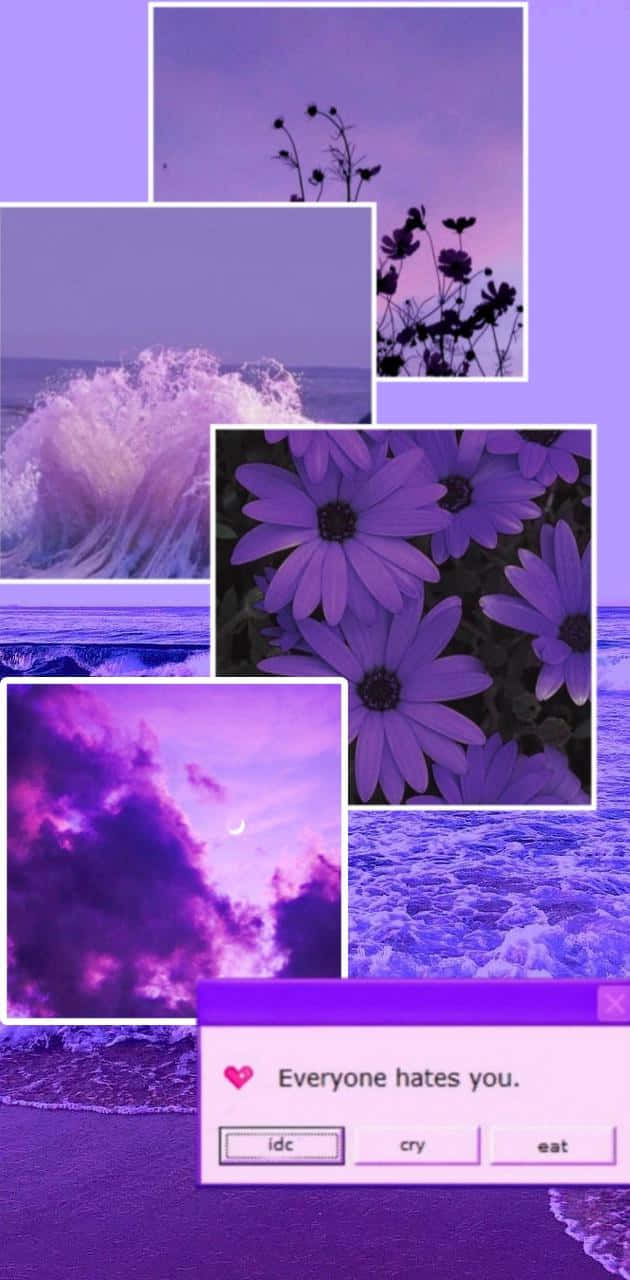Aesthetic Purple 桌布 壁紙 — 紫色調的海浪、花朵和天空拼貼畫，帶有復古遊戲視窗疊加層。