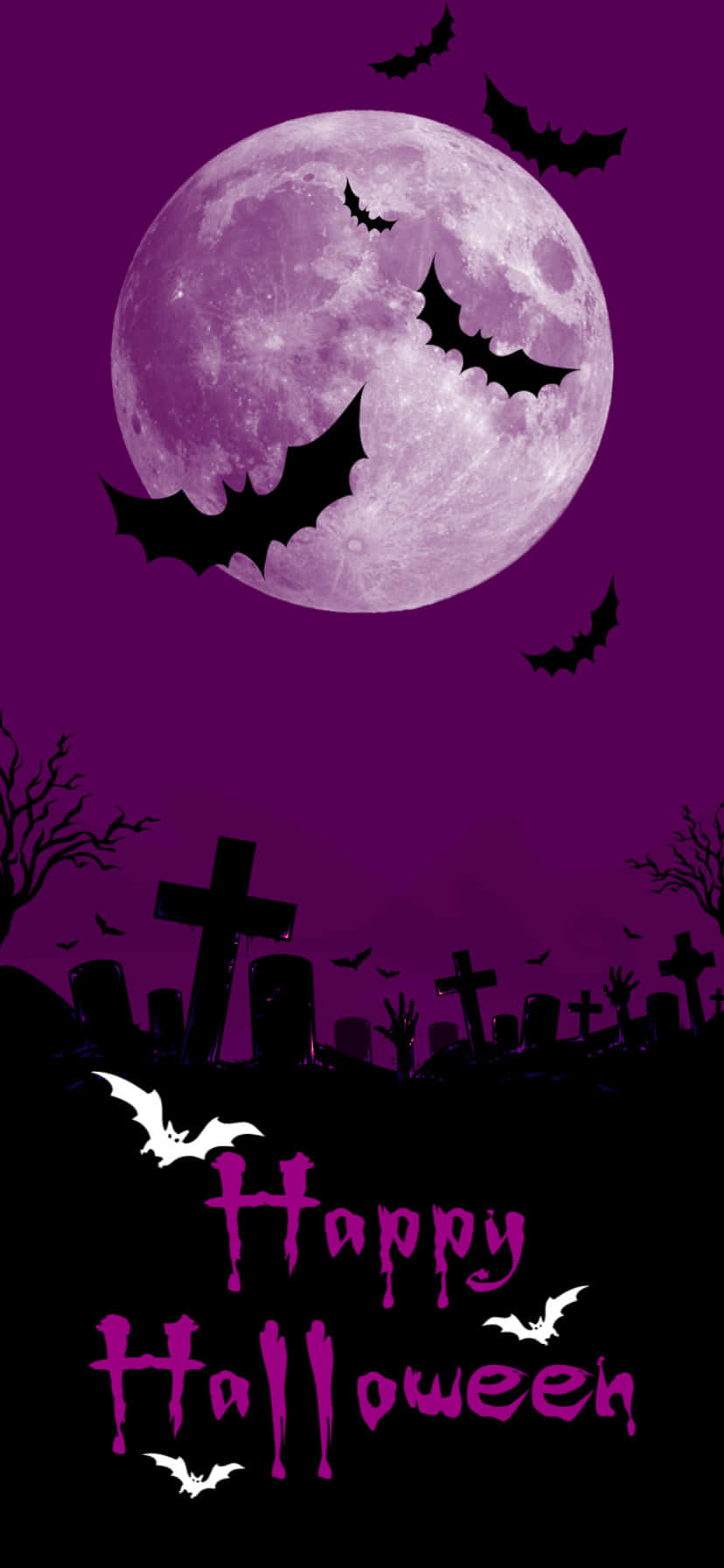 iPhone Halloween 桌布 壁紙 — 紫色調的萬聖節夜晚場景，有微笑的月亮、飛行的蝙蝠和墓地剪影，下方有「Happy Halloween」訊息。