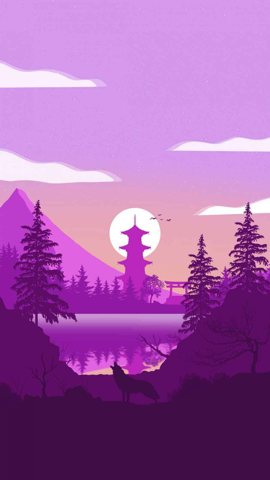 Japanese iPhone 桌布 壁紙 — 紫色調的黃昏場景，湖邊有狼的剪影，襯托著發光的月亮和山脈，還有寶塔和鳥居。