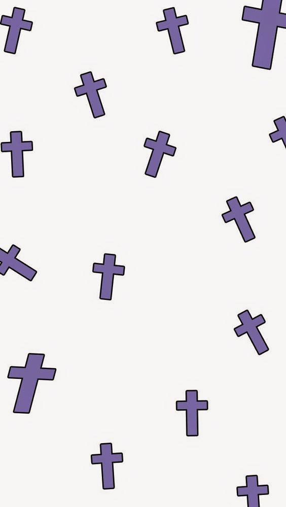 Cute Girly Cross 桌布 壁紙 — 紫色輪廓的十字架散落在淡色背景上，形成重複圖案。