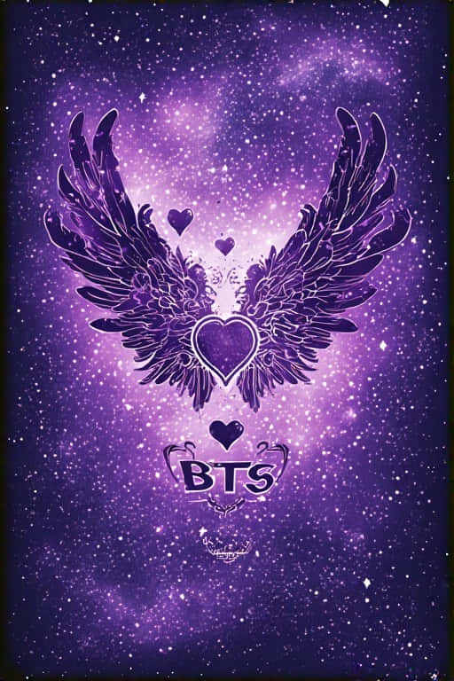 Dreamy Purple and Black BTS Wallpaper with Stylized Wings 壁紙 — 紫色銀河桌布，中央有心形的大天使翅膀，下方有BTS文字，周圍環繞著漂浮的心形。