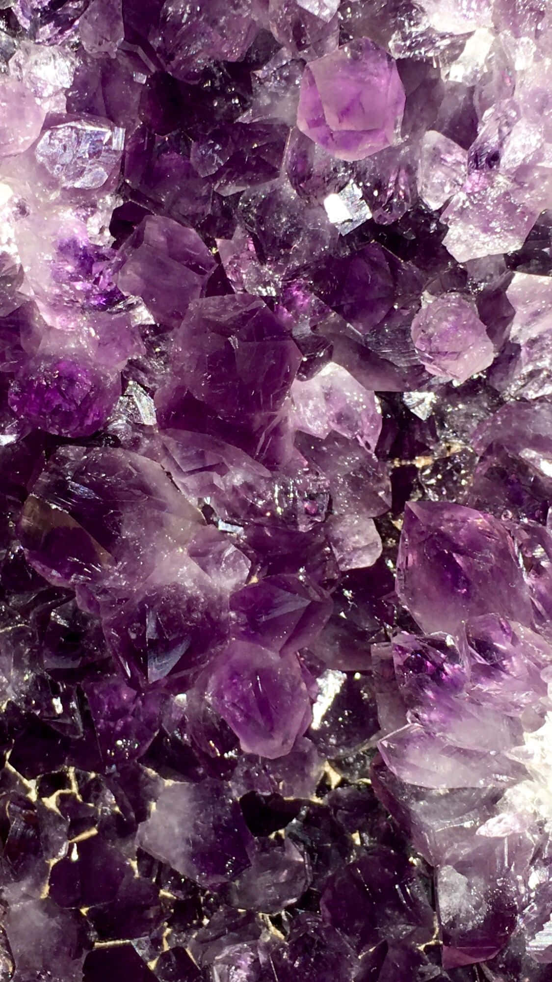 Healing Crystals 桌布 壁紙 — 紫色閃亮紫水晶晶體的近距離特寫，帶有金色紋理，在柔和光線下發光。