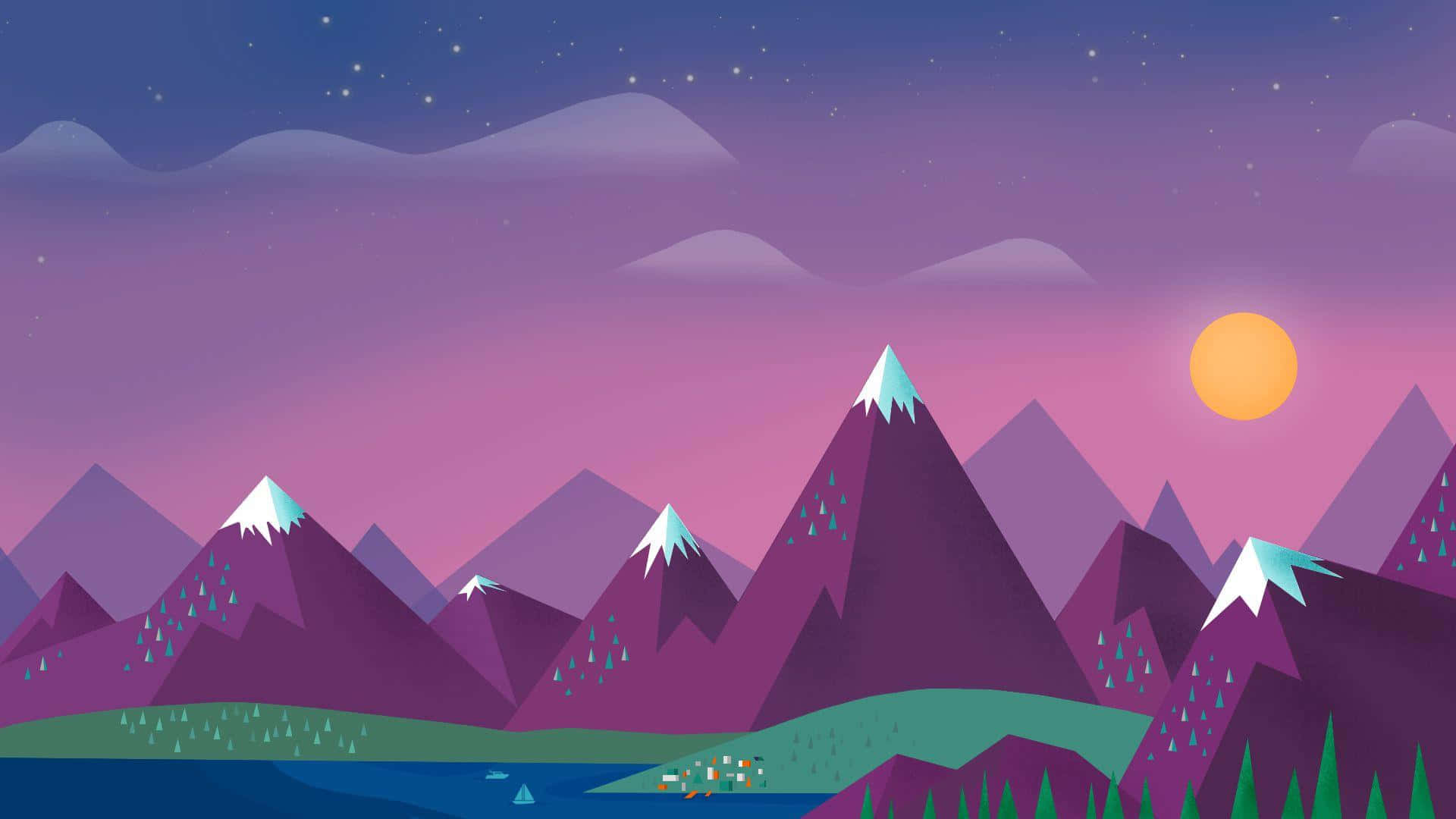 Minimalist Mountain 桌布 壁紙 — 紫色雪山在星空暮色下升起，下方有發光的太陽和寧靜的湖泊。