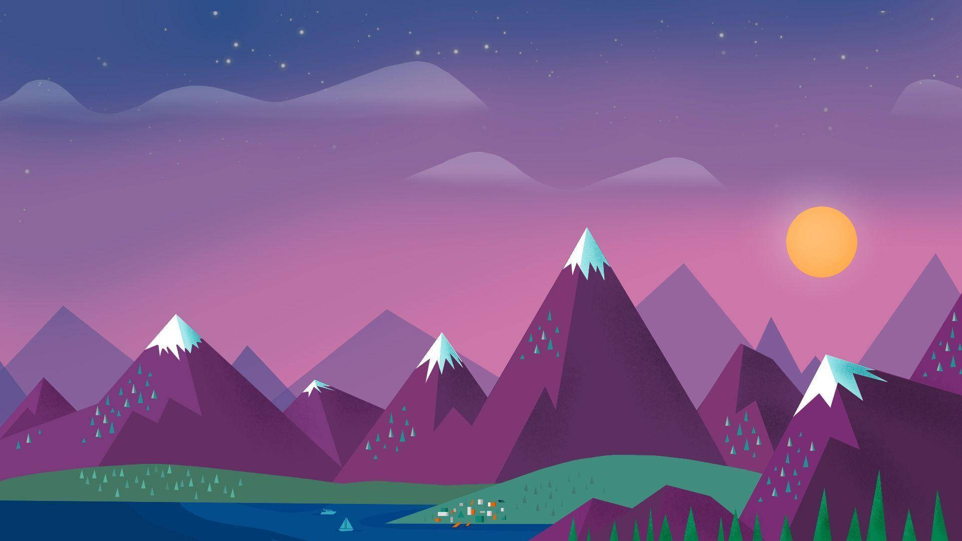 Mountain Landscape 桌布 壁紙 — 紫色雪山在繁星點點的暮色天空下升起，伴隨著發光的橙色太陽。