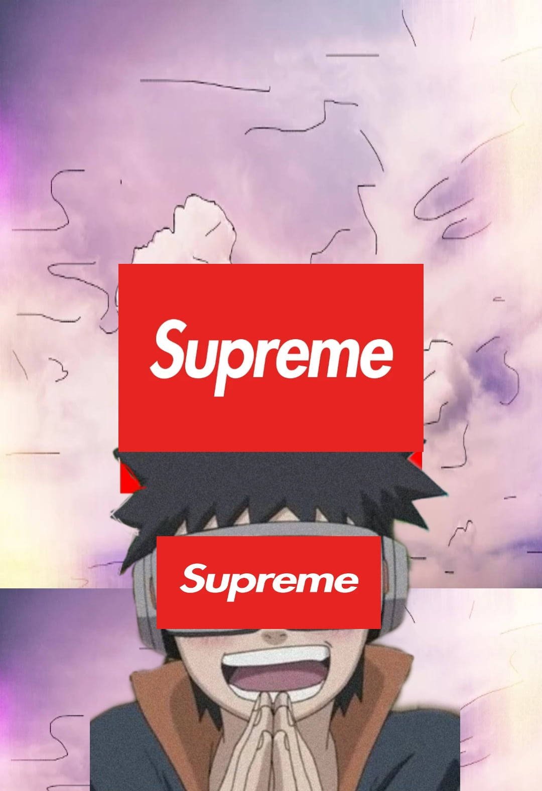 Naruto Supreme 桌布 壁紙 — 紫色雲霧背景上，一個擁有刺蝟頭和耳機的動漫角色，上面疊加了兩個紅色Supreme標誌。