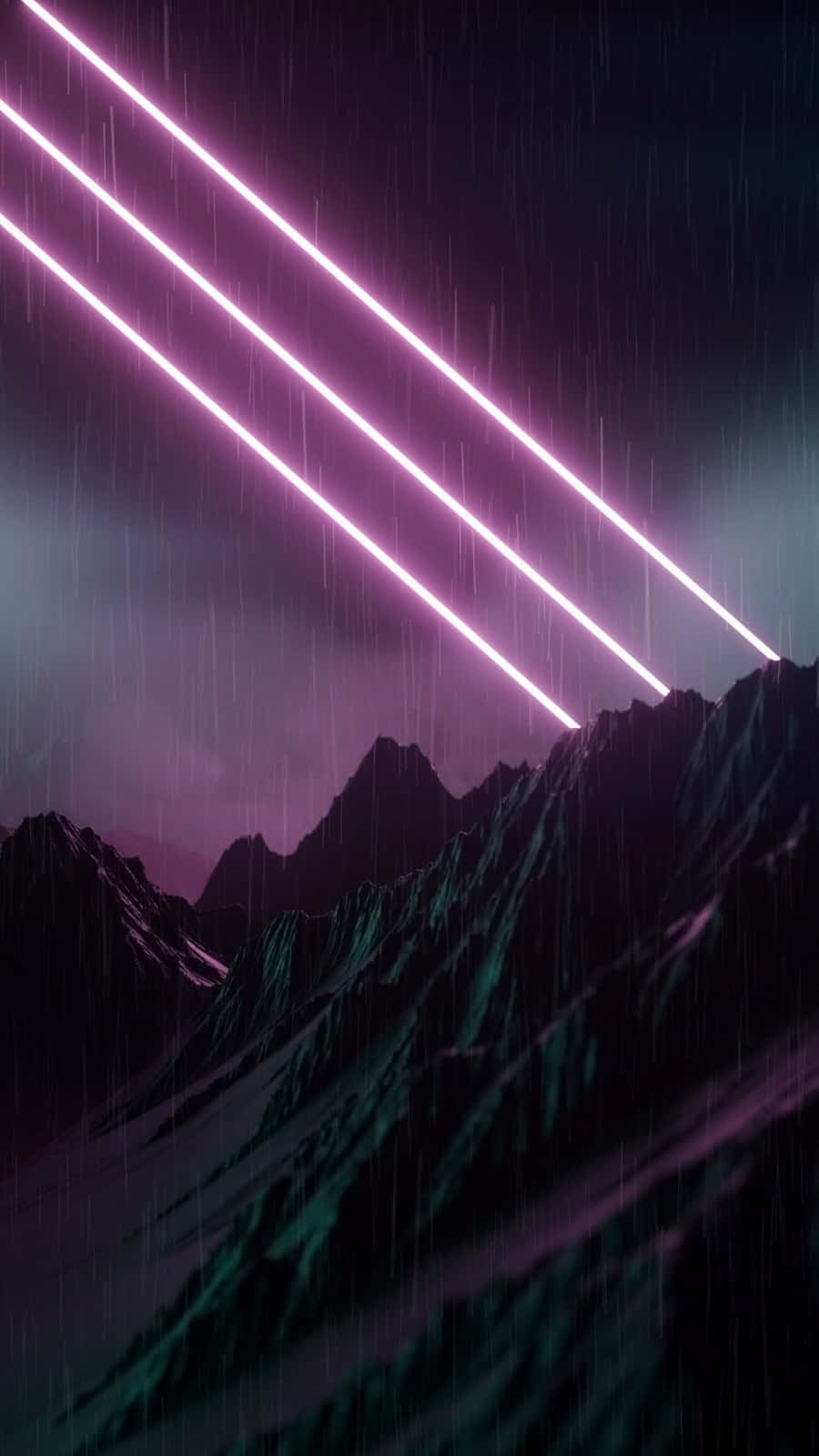 藝術 桌布 壁紙 — 紫色霓虹光束劃過雨夜天空，照耀在閃爍著青綠色和紫羅蘭色調的崎嶇山脈之上。