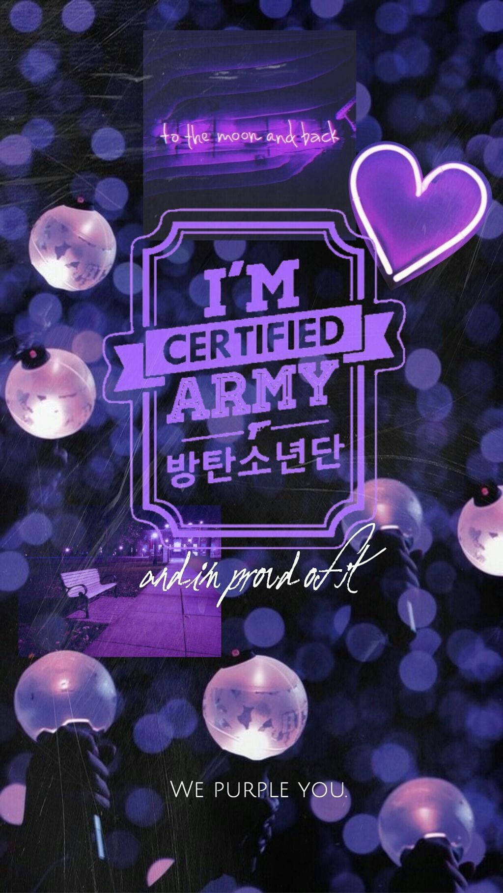 BTS 桌布 壁紙 — 紫色霓虹心形和宣稱「I'm Certified Army」的文字，被發光球體環繞在深色散景背景上。