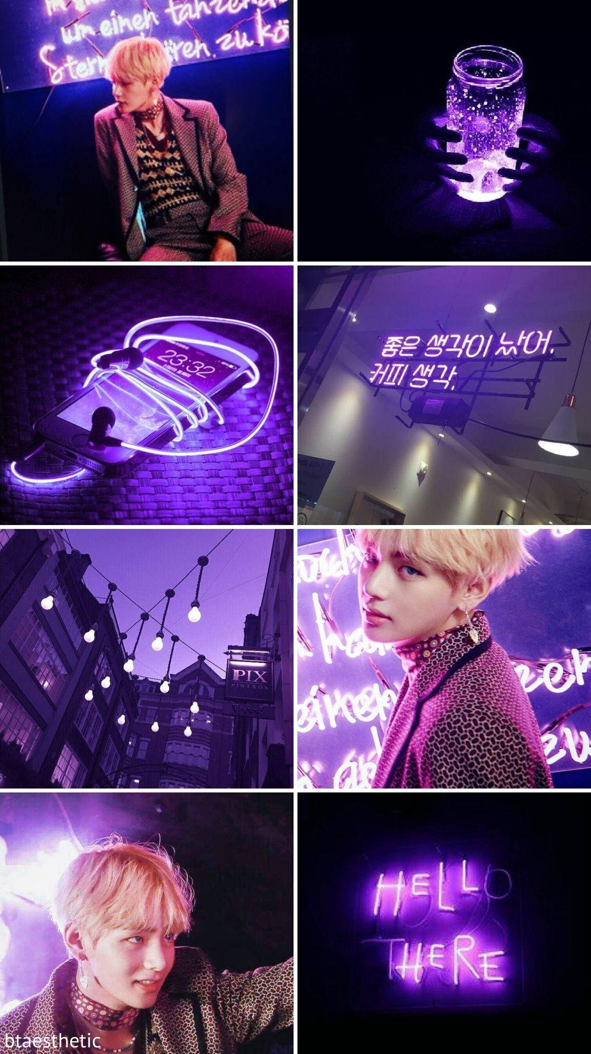 BTS 桌布 壁紙 — 紫色霓虹燈場景的拼貼畫，以時尚服裝的人物和發光文字為特色，背景為黑暗的城市環境。