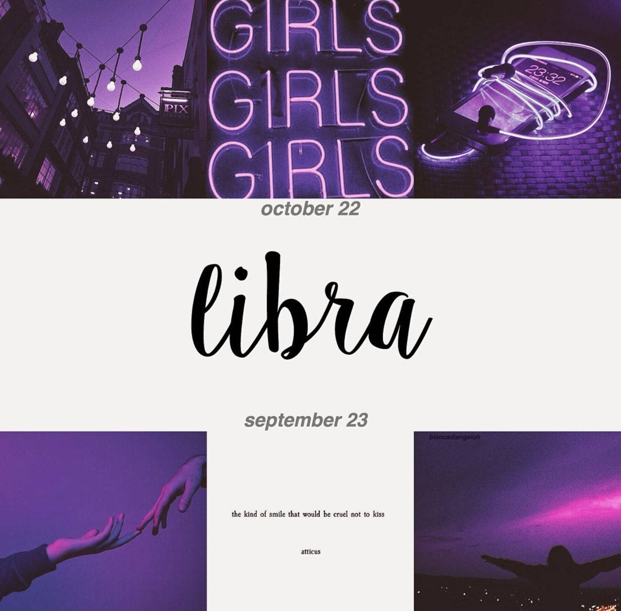 星座 桌布 壁紙 — 紫色霓虹燈牌，上面重複寫著「girls」，下方是一個白色面板，上面有「libra」和「september 23」，兩側是伸出的手和一個剪影，背景是粉紅色的天空。
