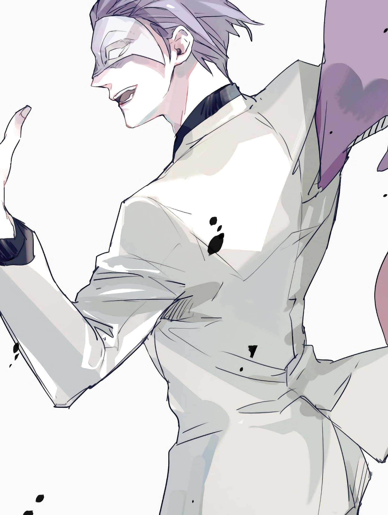 Shuu Tsukiyama 桌布 壁紙 — 紫色頭髮、戴白色面具的動漫角色，穿著破爛的淺灰色外套，擺出動態姿勢。
