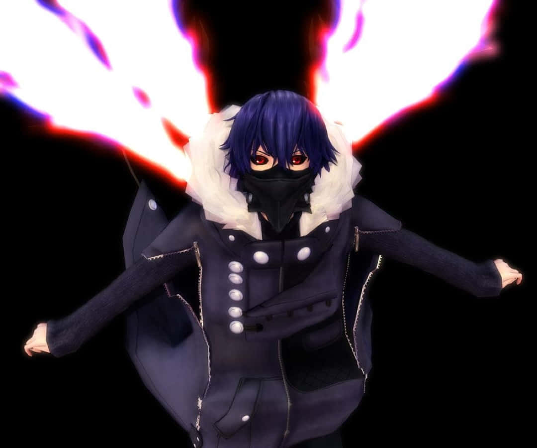 Ayato Kirishima 桌布 壁紙 — 紫色頭髮、戴黑色面具的動漫角色，在黑暗虛空背景下從背後散發出熾熱能量。