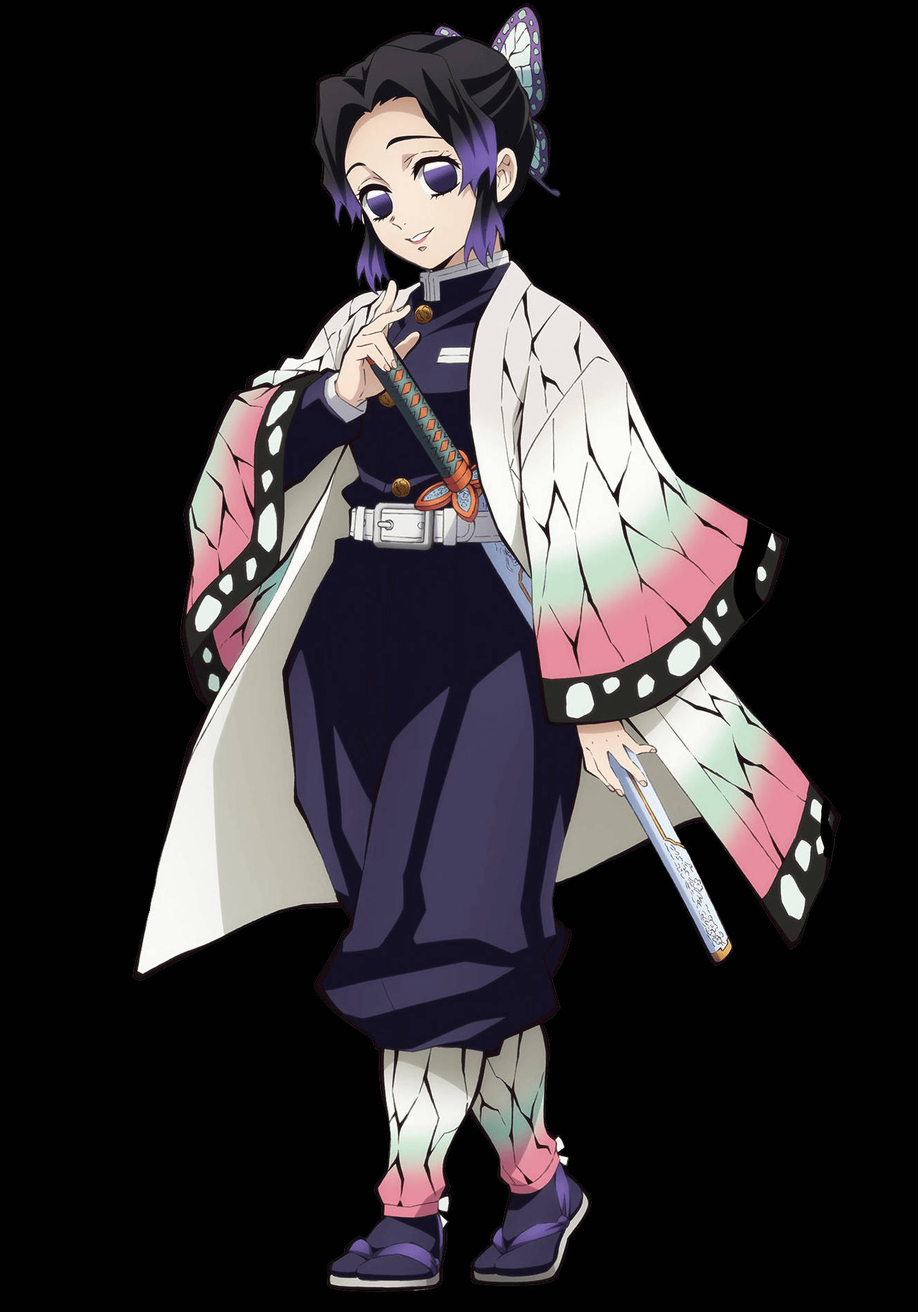 kanae kocho 桌布 壁紙 — 紫色頭髮、身穿蝴蝶翅膀羽織的動漫角色，在黑色背景前持劍。