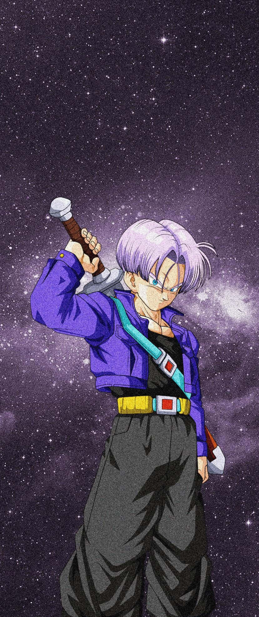 桌布 壁紙 — 紫色頭髮和劍的動漫角色自信地站在星空宇宙背景前。