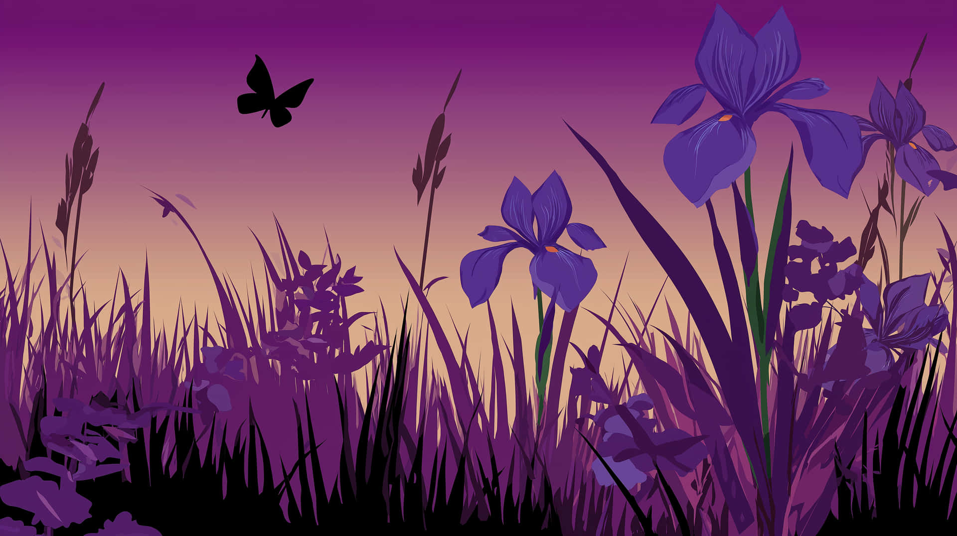 Abstract Irises and Butterfly in Purple Landscape 壁紙 — 紫色鳶尾花和高草在漸變暮色天空的襯托下形成剪影，有一隻蝴蝶在飛舞。
