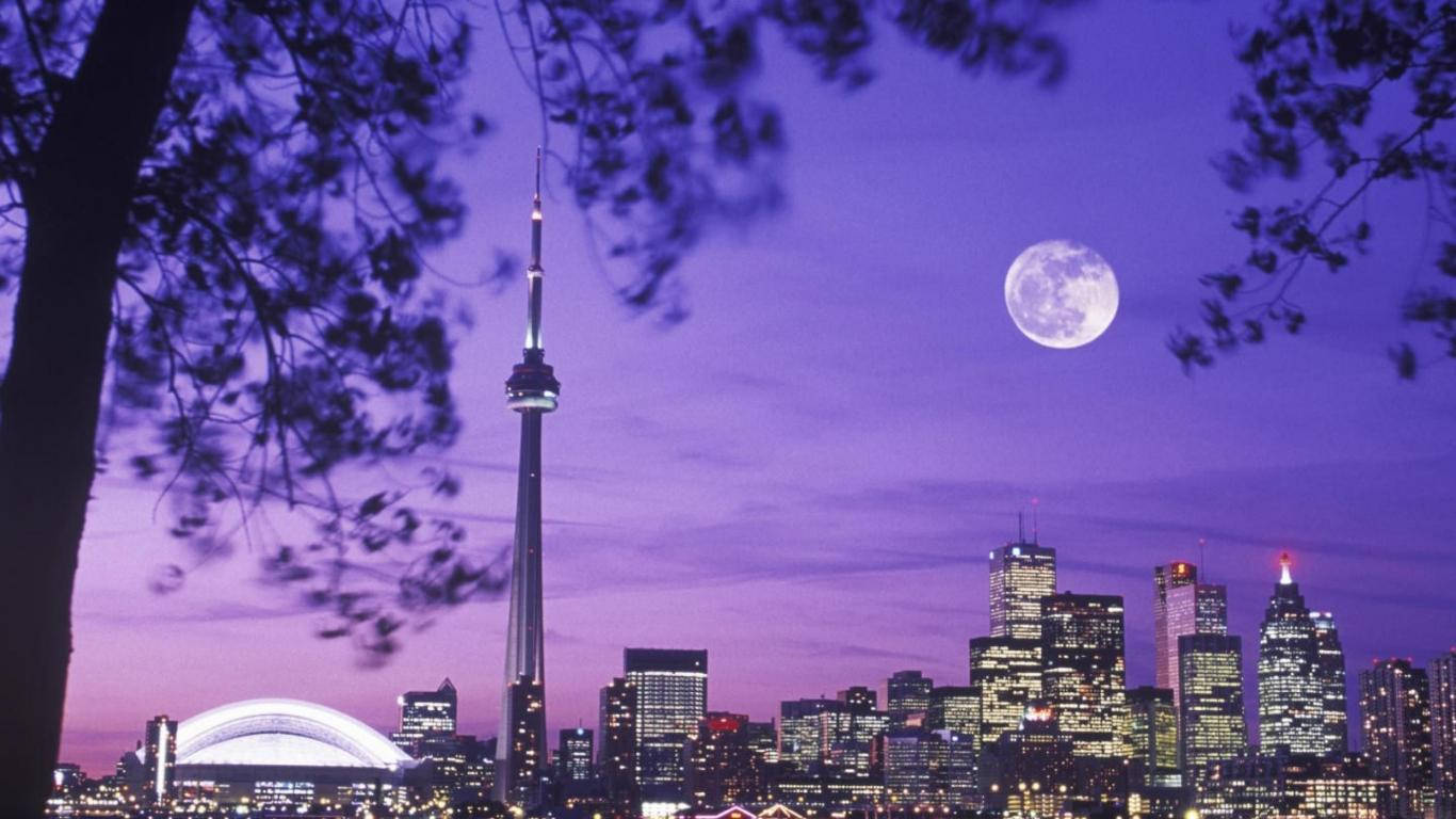 Ontario 桌布 壁紙 — 紫色黃昏城市景觀，由樹枝框住，滿月在照亮的多倫多CN塔和市中心天際線上方閃耀。