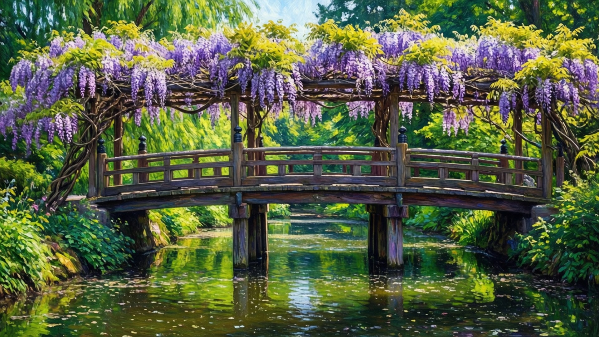 紫藤橋 壁紙 — 一座木製拱橋上掛滿了紫藤花，層層疊疊地垂落在一個寧靜的綠色池塘上，四周是茂盛的花園。