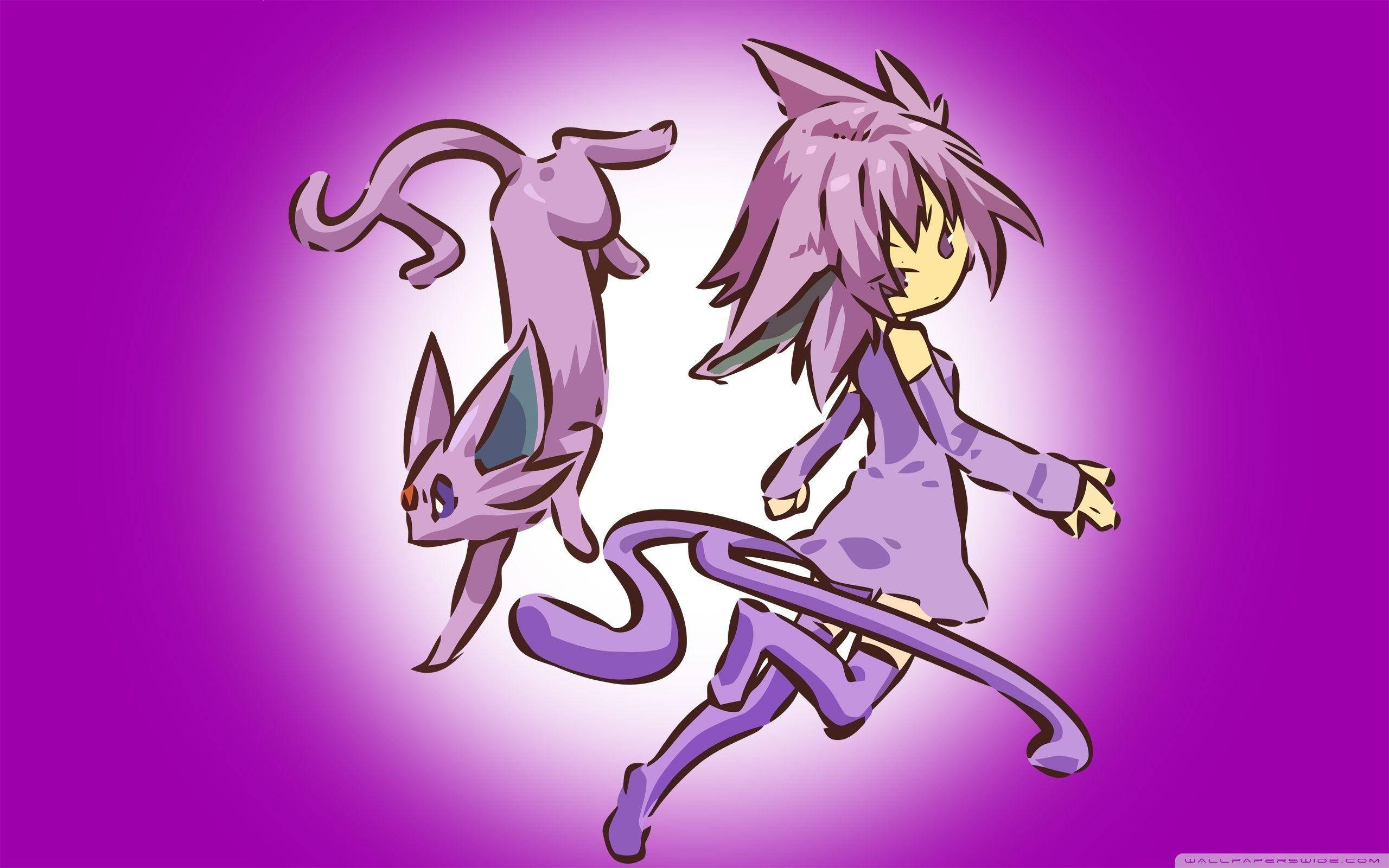 espeon 桌布 壁紙 — 紫髮動漫女孩和她的貓型寶可夢在發光的紫色漸變背景上動態跳躍。
